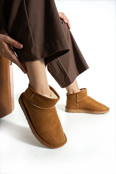 Ayra Moda Mini Taba Süet Yarım Bot Içi Tüylü Düz Taban Kadın Ayakkabı