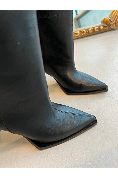 cevaplus Black Leather Pointed Toe Women's Heeled Boots