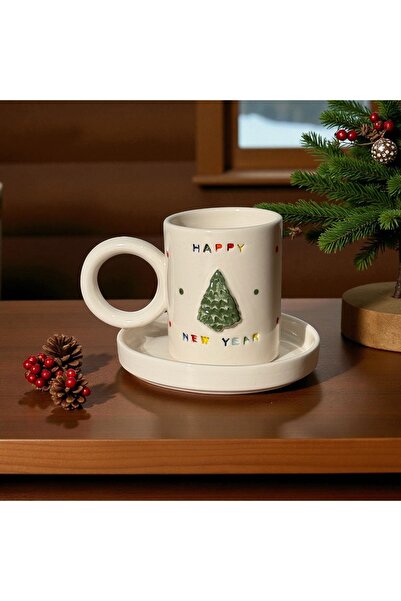 Olbia Yeni Yıl Temalı El Yapımı Seramik Türk Kahve Fincanı