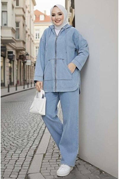 Hb Harma Time Butik Women's Hooded Pocket Denim Blue Tunic Trousers Set