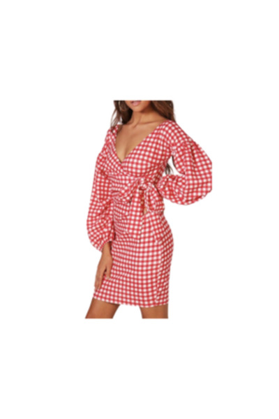 OEM Gingham Ruffle Sleeve Dress, Red