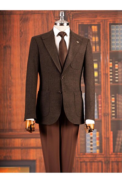 TerziAdemAltun Italian Style S Slim Fit Peaked Lapel Men's Single Jacket Brown T14903