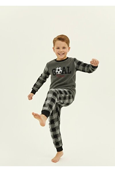 Beka Kids Boy's Diamond Patterned Soft Thick Winter Applique Embroidered Fleece Pajama Set Keeps Warm