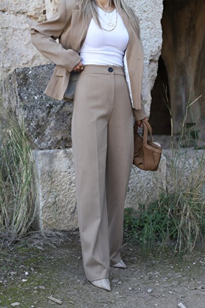 bytugcekaya Camel High Waist Button Detail Palazzo