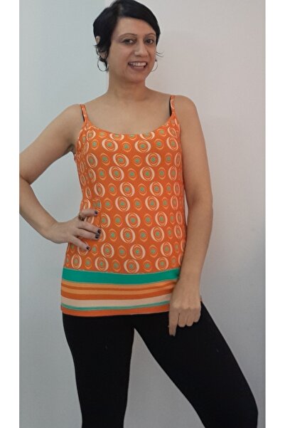 Mertcan Butik Orange Green Patterned Rope Strap Combed Viscose T-Shirt