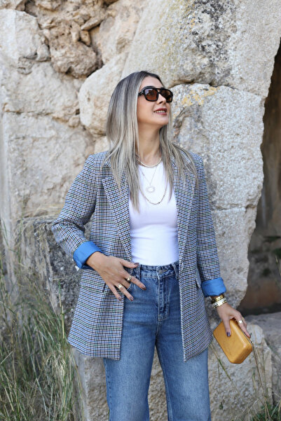 bytugcekaya Blue Lined Houndstooth Blazer