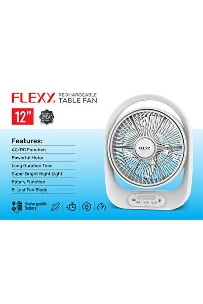 flexy 12'' Rechargeable Table Fan, AC/DC, 22W, 2-Speed, LED Light, USB Output
