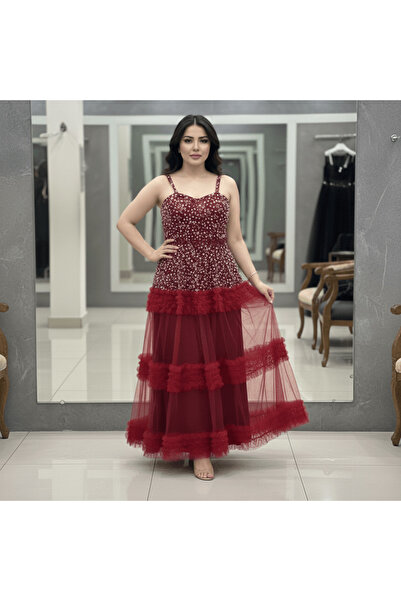 alqarat The Crimson Ruffle Sparkle Gown