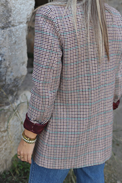 bytugcekaya Green Burgundy Lined Houndstooth Blazer