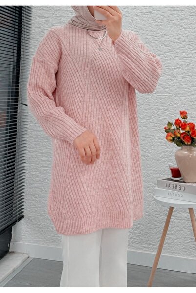 Vaniza Embossed Asymmetrical Striped Knitwear Tunic Sweater