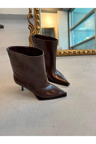 cevaplus Bitter Coffee Leather Pointed Toe Women's Heeled Boots