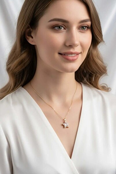 Clariss Çelik Zincir Gold Renk Pembe Taşlı Yıldız Model Kadın Kolye