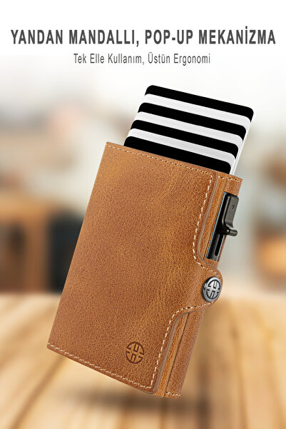 Trusador Palermo Tan Mechanized Card Holder Genuine Leather Wallet Unisex Women Men Rfid Protected