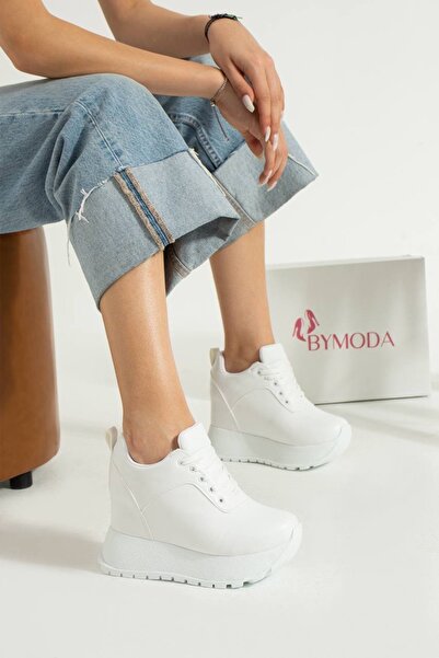 Bymoda New Season White Hidden Wedge Heeled Sports Shoes Total Height 10 cm