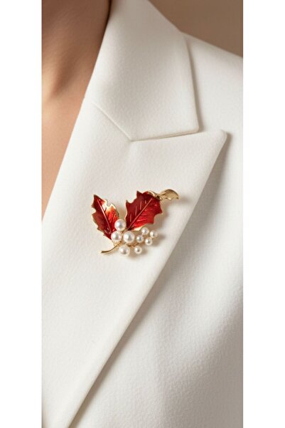 bettin tasarım Kırmızı Kokina Yapraklı İnci Detaylı Altın Renk Kadın Broş ( 5 Cm)