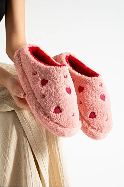 Ayra Moda Kalp Desenli Peluş İçi Tüylü Kaydırmaz Taban Rahat Pofuduk Çeyiz Bo...