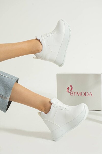 Bymoda New Season White Hidden Wedge Heeled Sports Shoes Total Height 10 cm