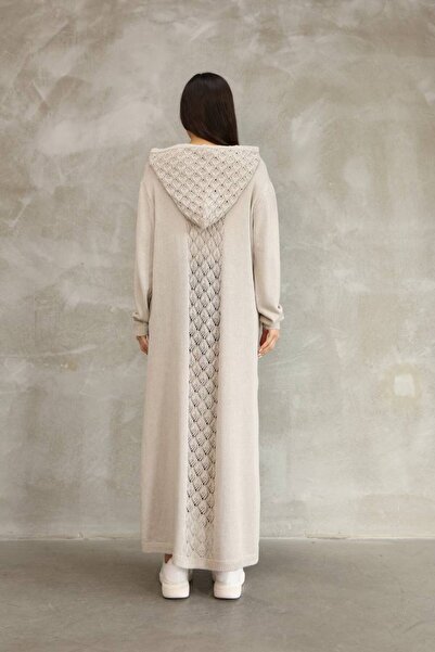 AYASOFYA OTANTIK Women's Beige Hooded Back Embroidery Detailed Buttoned Vintage Loose Cotton Knitwear Long Cardigan Cap