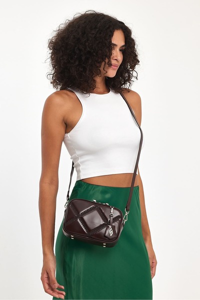 Hüvendo Small Size Embroidery Detailed Crossbody Cross Strap Women's Shoulder Bag Brown