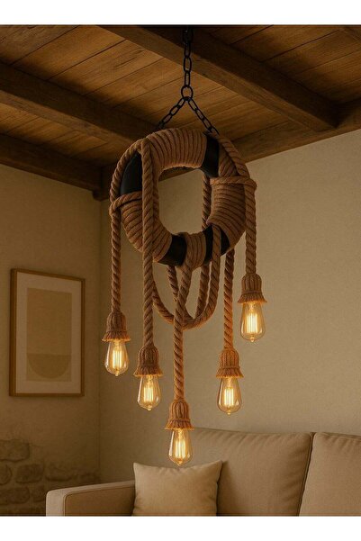 Generic Rustic Rope Hanging Chandelier Frame with 6 Bulbs