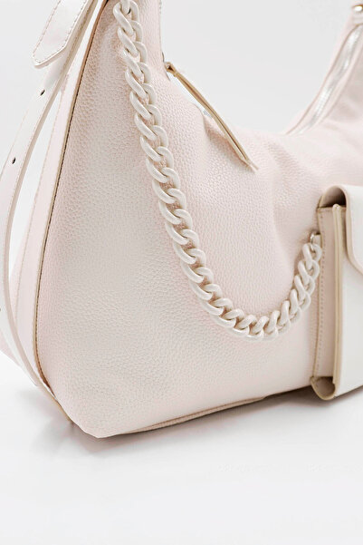 Hüvendo Women's Casual Shoulder Bag with Chain and Front Pocket Detail Adjustable Strap Beige