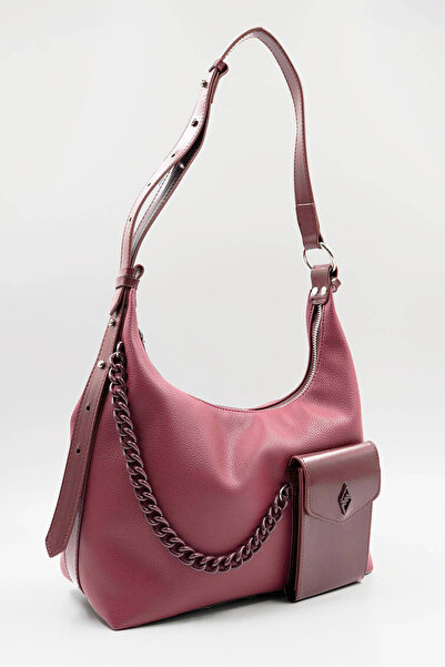 Hüvendo Women's Casual Shoulder Bag with Chain and Front Pocket Detail Adjustable Strap Burgundy