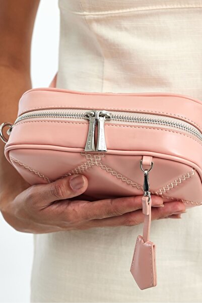 Hüvendo Small Size Embroidery Detailed Crossbody Cross Strap Women's Shoulder Bag Powder