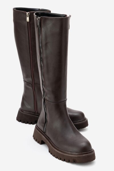 CCWAY AYAKKABI حذاء نسائي مسطح بسحاب من الجلد البني