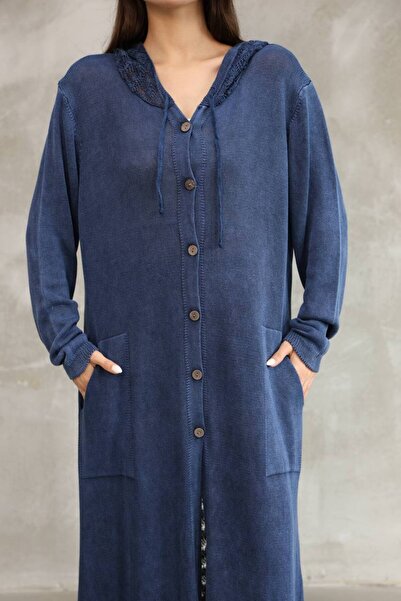 AYASOFYA OTANTIK Women's Navy Blue Hooded Back Embroidery Detailed Buttoned Vintage Loose Cotton Knitwear Long Cardigan Cap