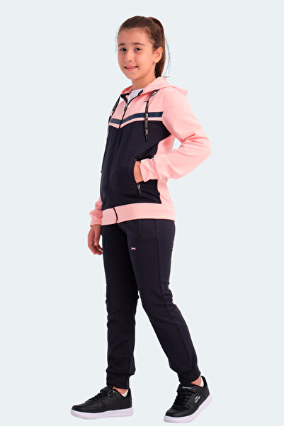 Slazenger Noon Girl's Zippered Hooded Pocket Navy Blue / Pink Tracksuit Set