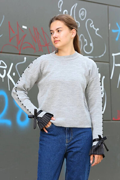 ZENGEZUR MALL Sptrns Beaded Detailed Sweater Gray (203146) (Size: Standard)