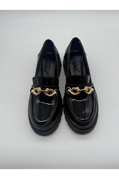 BURCU COLLECTİON Edna Thick Sole Gold Dragon Buckle Detail Black Patent Leather Loafer