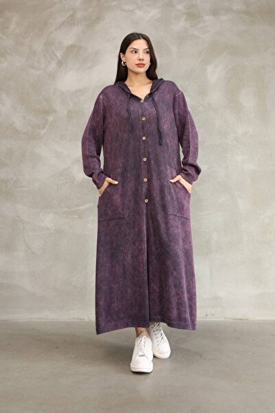 AYASOFYA OTANTIK Women's Purple Hooded Back Embroidery Detailed Buttoned Vintage Loose Cotton Knitwear Long Cardigan Cap