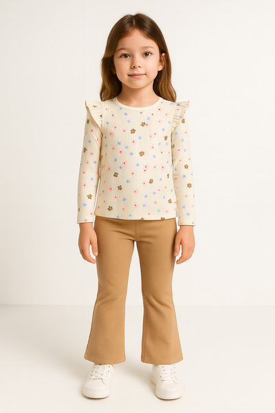 mini kanka "Комплект за момичета на възраст 4-8 години с дълги ръкави с флорални мотиви и бежови панталони с разкърпени крачоли"