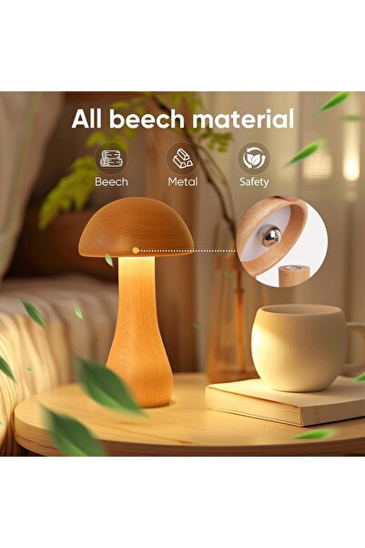NALACAL Mini Wooden Mushroom Cordless Rechargeable Table Lamp (Touch, Dimmable, 360°)