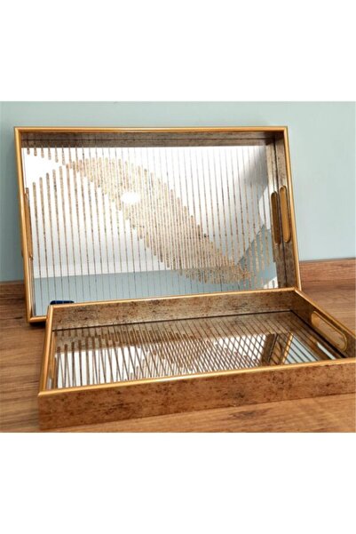 Beliza Ahşap Kenarlı Desenli İkili Servis Tepsi Seti