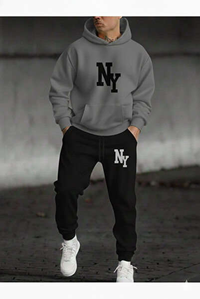 EVIus Hooded New York Printed Full Winter Inner Complete Fleece-Lined Oversized Tracksuit Set