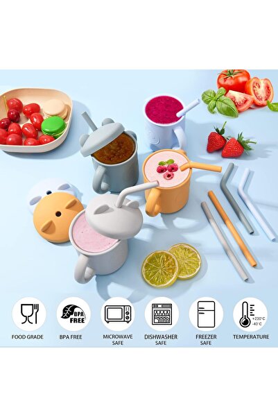 JOYZ 200ml Silicone Spill-Proof Sippy Cup with Two Handles, Straight and Curved Straws, BPA-free (6+