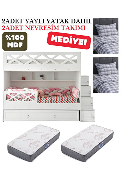 miracool Mars Ranza / %100 MDF / 2 Adet Bambo Yaylı Yatak / 2 Adet Nevresim T...