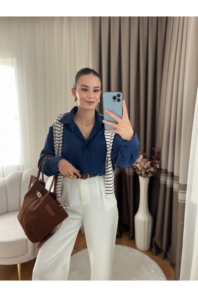 By Hanife Beyazateş KADIN BASİC MODAL GÖMLEK LACİVERT