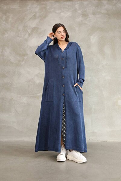 AYASOFYA OTANTIK Women's Navy Blue Hooded Back Embroidery Detailed Buttoned Vintage Loose Cotton Knitwear Long Cardigan Cap