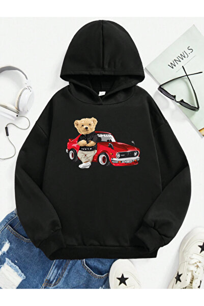 SVART WEAR Детска суитшърт с качулка и кенгуру джоб, 100% памук, с принт на мече