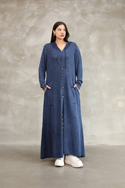 AYASOFYA OTANTIK Women's Navy Blue Hooded Back Embroidery Detailed Buttoned Vintage Loose Cotton Knitwear Long Cardigan Cap