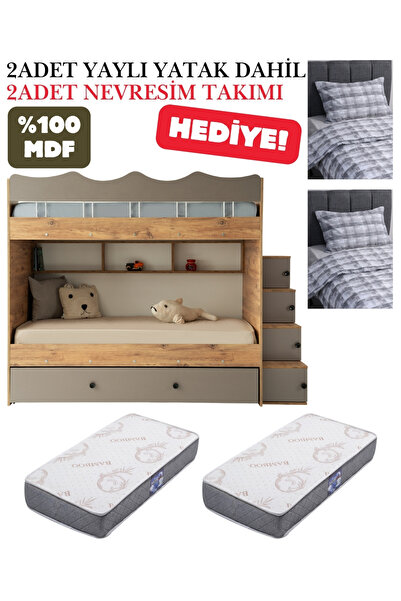 miracool Bulut Ranza / %100 MDF / 2 Adet Bambo Yaylı Yatak / 2 Adet Nevresim ...