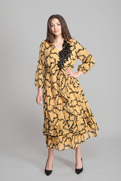 GUMANIZE Women's V-Neck Flocked Glitter Dress