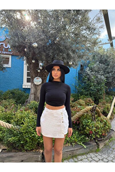 aytenli Yüksek Bel Ön arka Cepli High Quality Style Çift Kapamalı Asimetrik Bermuda Denim Şort Etek