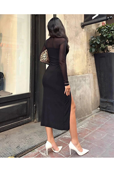 ZENGEZUR MALL Sptrns Women Tulle Detailed Midi Length Slit Dress Black (202422) (Size: S)