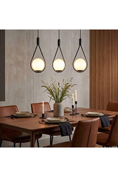 MOİRA 3'lü Sıralı Damla Avize Siyah Metal,Beyaz Glop Camlı Yemek Masası Mutfa...