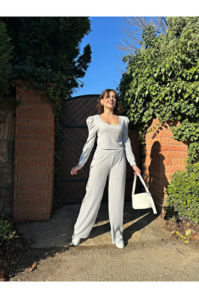 ZENGEZUR MALL Sptrns Corded Fabric Princess Sleeve Bottom Top Set Gray (204351) (Size: S)