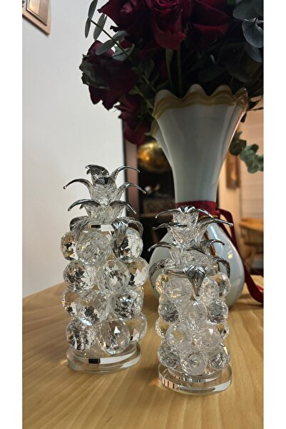 Kiri Dekoratif Kristal Cam İkili Ananas Set Şeffaf Gümüş